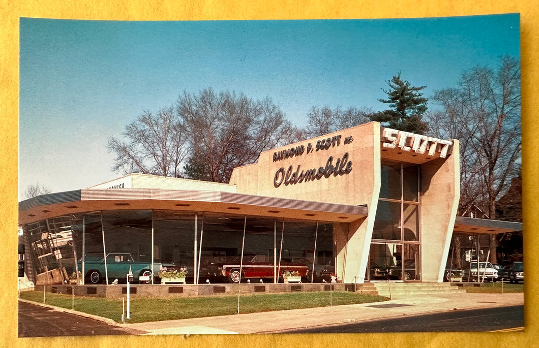 Raymond P Scott Oldsmobile, 1950's Postcard, Wynnewood, PA, Front of the Building View