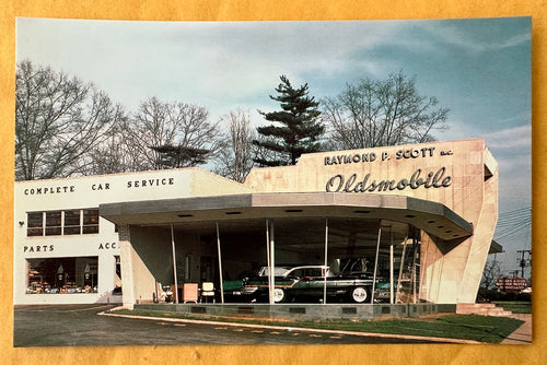 Raymond P Scott Oldsmobile, 1950's Postcard, Wynnewood, PA, Side View of the Building