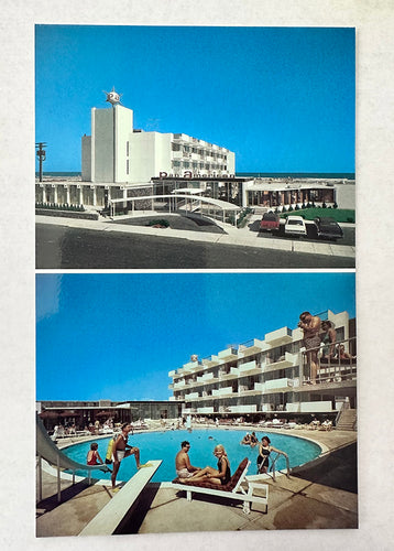 Pan American Motor Inn, 1960's 2 Picture Postcard of the Pool & Exterior, Wildwood Crest, NJ